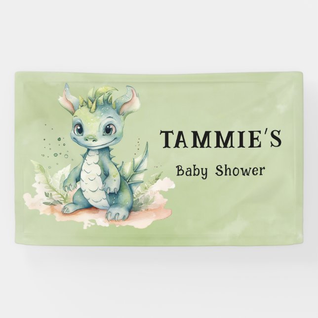 Green Blue Watercolor Dragon Boy Baby Dusche Banner (Horizontal)