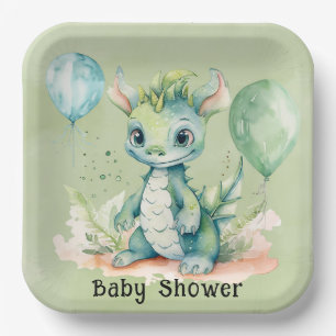 Green Blue Watercolor Dragon Boy Baby Dusche Pappteller