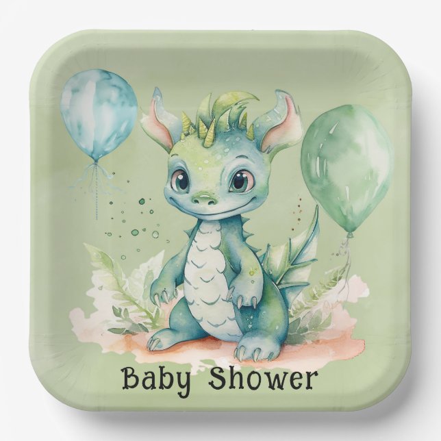 Green Blue Watercolor Dragon Boy Baby Dusche Pappteller (Vorderseite)