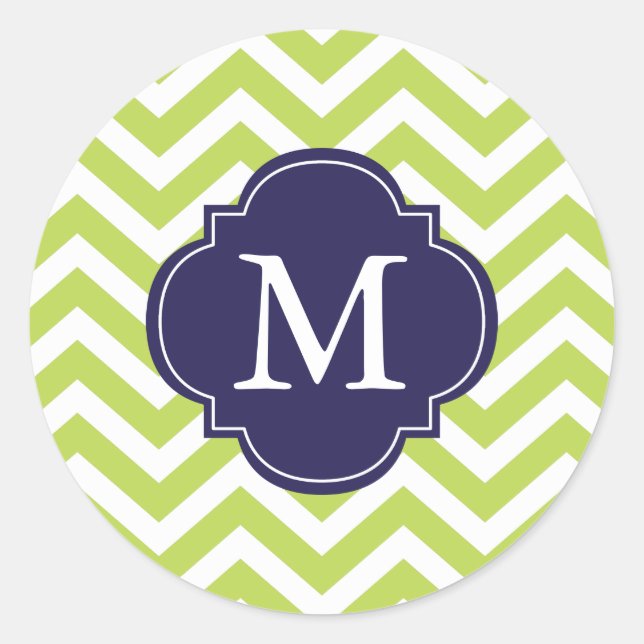 Green & Blue Zigzags Muster Monogram Runder Aufkleber (Vorderseite)