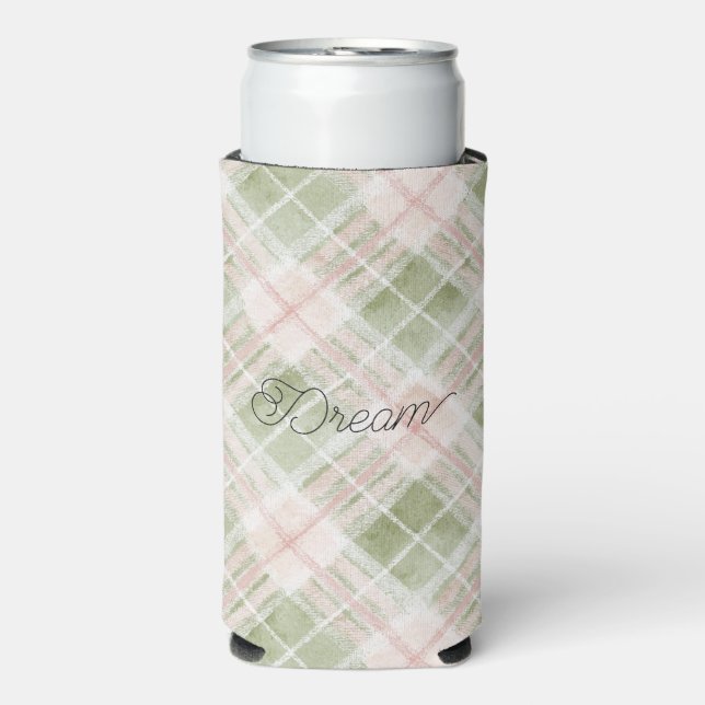 Green Blush Pink Plaid Stripes Selters Dosenkühler (Seltzer Vorderseite)