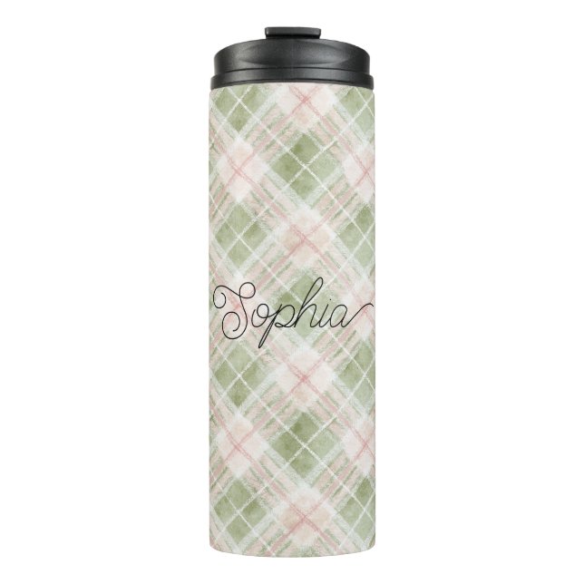 Green Blush Pink Plaid Stripes Thermosbecher (Vorderseite)