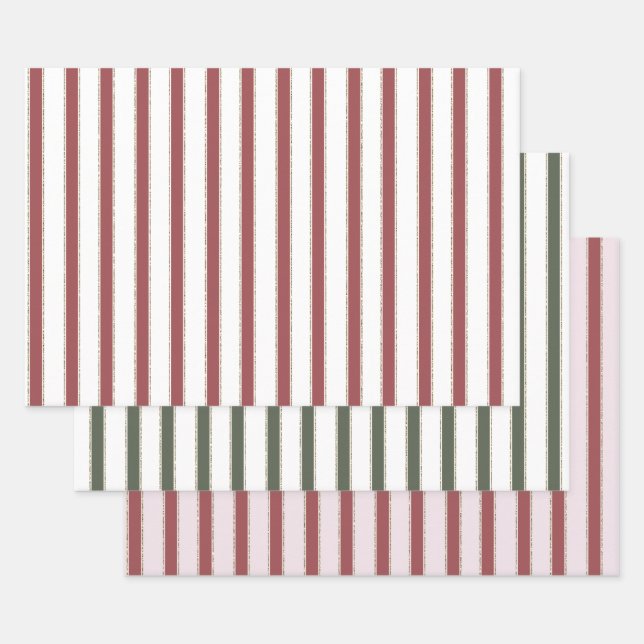 Green Blush Pink Red White Gold Stripes Christmas Geschenkpapier Set (Set)