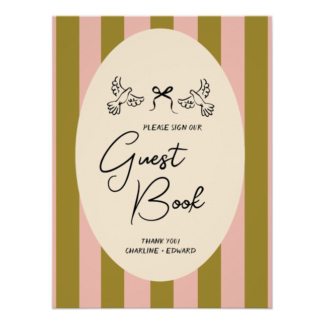 Green Blush Pink Striped Wedding Guestbook Sign Poster (Vorderseite)