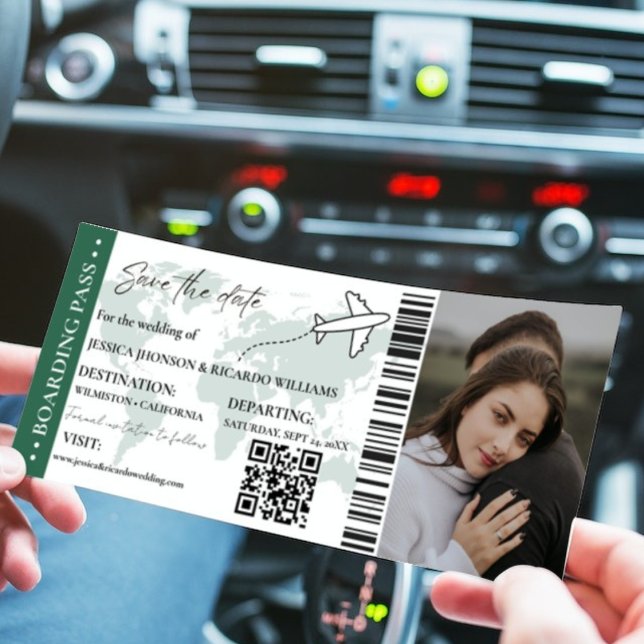 Green Boarding Pass Hochzeit speichern Sie das Dat Einladung (Von Creator hochgeladen)