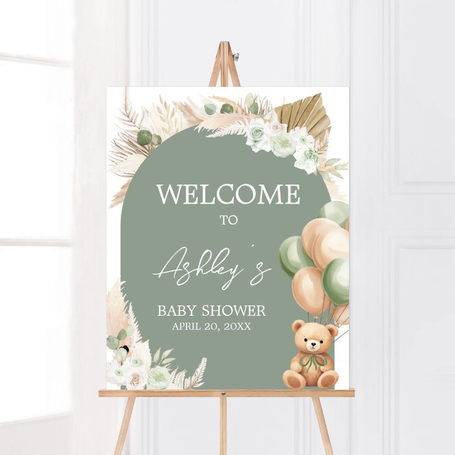 Green Boho Bear Balloon Baby Dusche Willkommen Poster (Sage Green Balloons Baby Shower Welcome Sign)