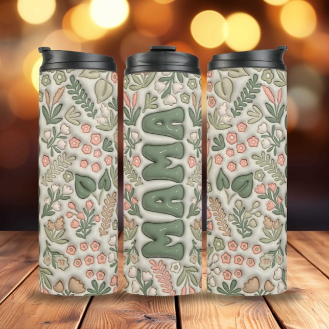 Green Boho Blume 3d Inflated Mama Thermosbecher (3D Inflated Green Boho Flowers Mama Thermal Tumbler)