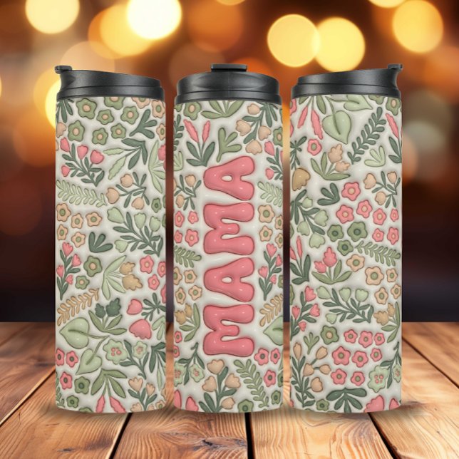 Green Boho Floral Mama Thermosbecher (3D Inflated Green Pink Boho Flowers Mama Thermal Tumbler)