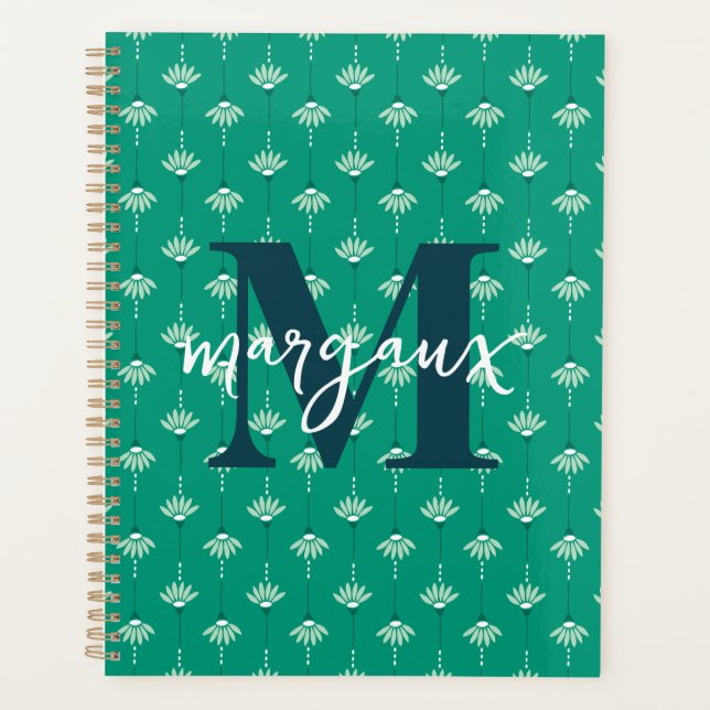 Green Boho Floral Personalisiert Monogramm Name Planer (Vorderseite)