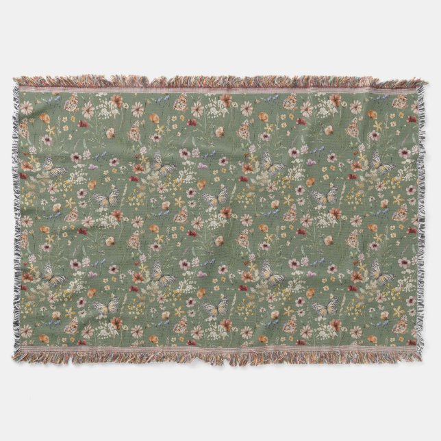 Green Boho Floral Throw Blanket Decke (Vorderseite)