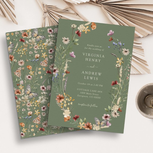 Green Boho Hochzeitseinladung Einladung (Green Boho Wedding Invitation Painted Paperie
)