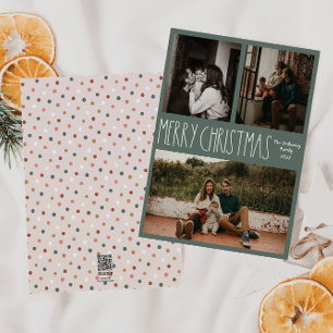 Green Boho Polka Dot Christmas Classic Drei-Foto Feiertagskarte