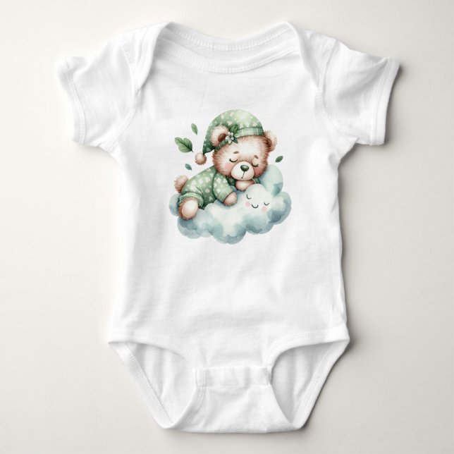 Green Boho Schlafen Teddy Bär Niedlich Elegant Baby Strampler (Vorderseite)