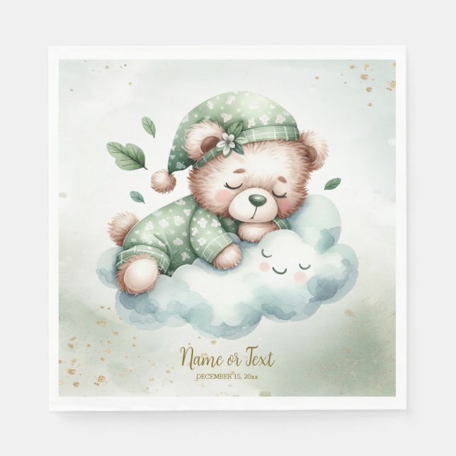 Green Boho Schlafteddy Bear Niedlich Babydusche Serviette (Vorderseite)
