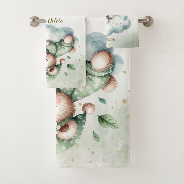 Green Boho Sleeping Teddy Bär Niedlich Badhandtuch Set (Insitu)