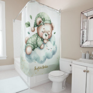 Green Boho Sleeping Teddy Bär Niedlich Duschvorhang