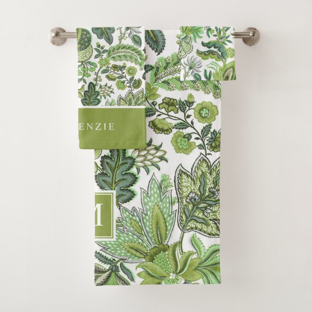 Green Boho Vintag Floral Monogram Badhandtuch Set (Insitu)