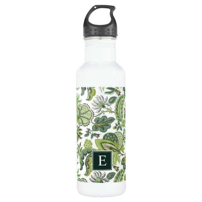 Green Boho Vintag Floral Monogram Edelstahlflasche (Vorderseite)