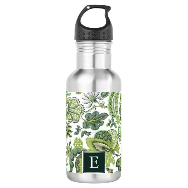 Green Boho Vintag Floral Monogram Edelstahlflasche (Vorderseite)