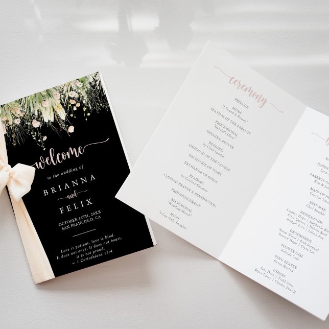 Green Boho Wildblume Black Folded Wedding Programm (Von Creator hochgeladen)