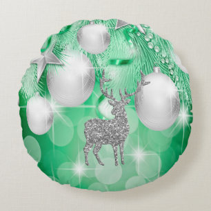 Green Bokeh Ornament Balls Silver Rentier Rundes Kissen