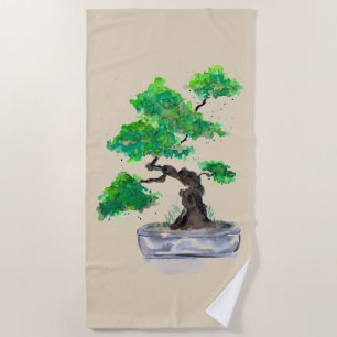 Green Bonsai Watercolor Beige Strandtuch