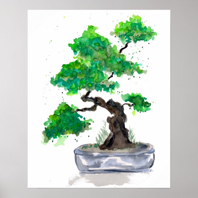 Green Bonsai Watercolor Poster Print (Vorne)
