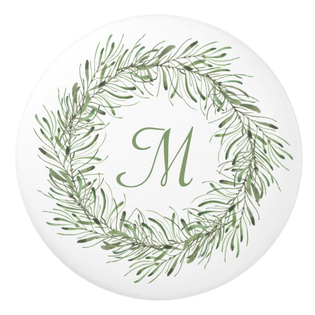 Green Botanic Leaf Wreath Monogram Keramikknauf (Vorderseite)