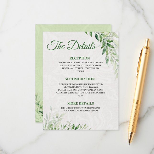 Green Botanical Wedding Detail-Karte Begleitkarte (Vorderseite/Rückseite Beispiel)
