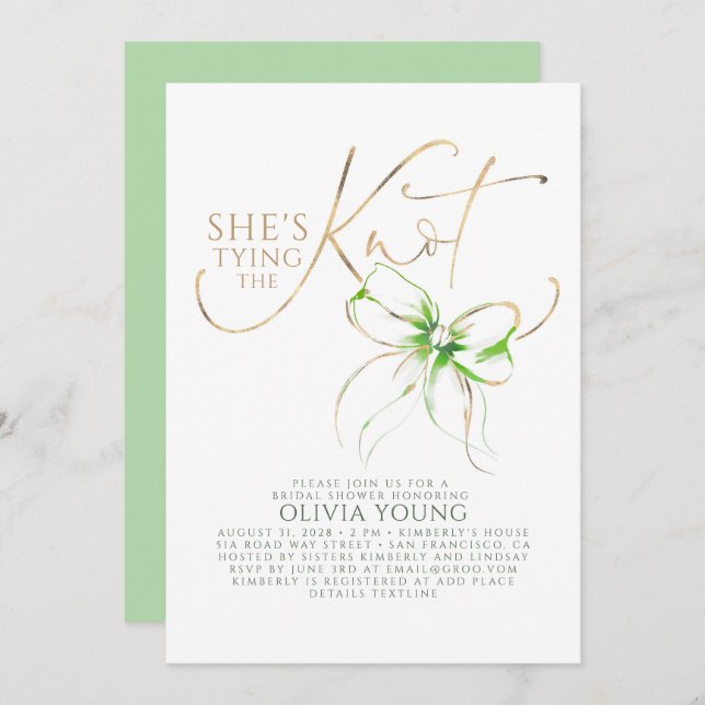 Green Bow Elegant Modern Minimalist Bridal Shower Einladung (Vorne/Hinten)