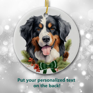 Green Bow Holly Wreath Bernese Mountain Dog Keramik Ornament