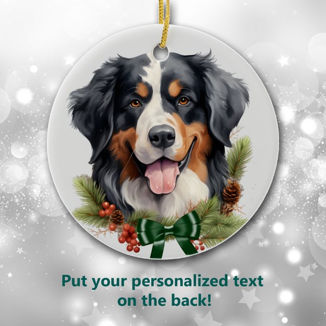 Green Bow Holly Wreath Bernese Mountain Dog Keramik Ornament (Von Creator hochgeladen)