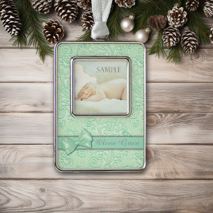 Green Bow Pastel Baby First Christmas Rahmen-Ornament Silber