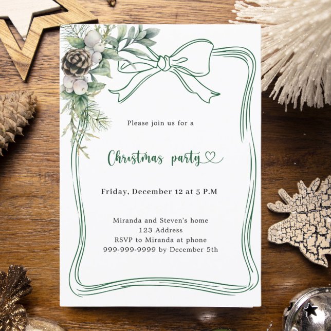 Green bow pine greenery Christmas Party Einladung (Von Creator hochgeladen)