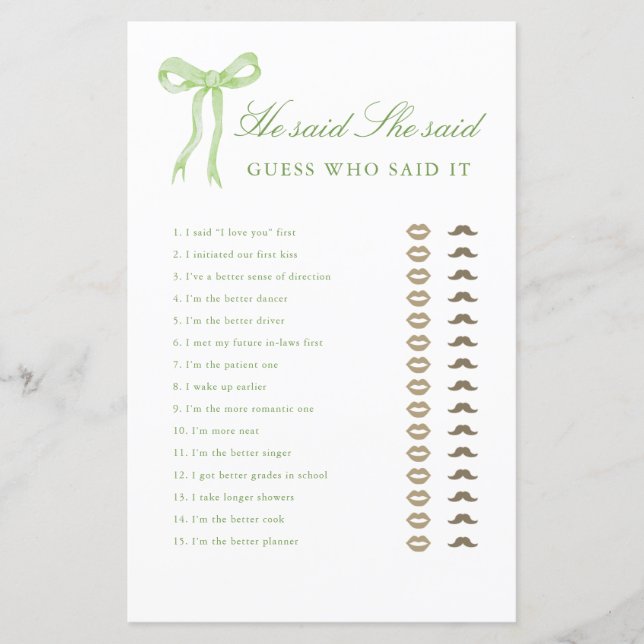 Green Bow sagte er sagte, sie sagte Brautparty Gam (Vorderseite)