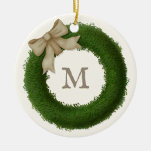 Green Boxwood Wreath Mit Monogramm benutzerdefinie Keramik Ornament