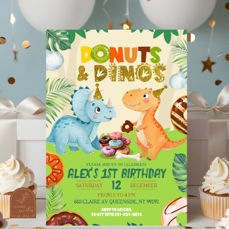 Green Boy Donuts & Dinos Dino Theme Birthday Party Einladung