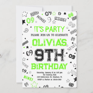 Green Boy Number Nine Birthday Party Einladung