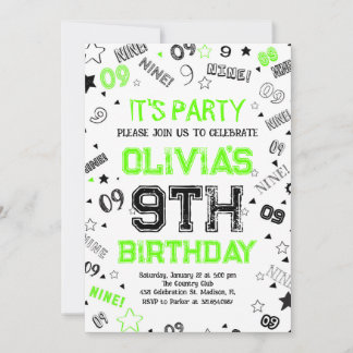 Green Boy Number Nine Birthday Party Einladung