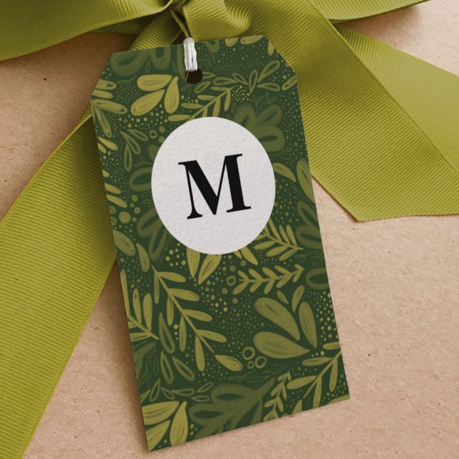 Green Bramble | Festive Botanische Monogramm Geschenkanhänger (Watercolor botanical green bramble holiday gift tag.)