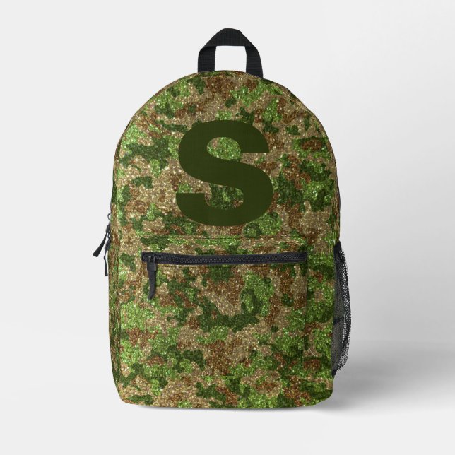 Green Brown Camouflage Glitter Camo Monogram Name Bedruckter Rucksack (Vorderseite)