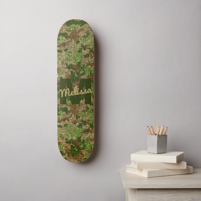 Green Brown Camouflage Glitzer Camouflage Monogram Skateboard (Wandkunst)