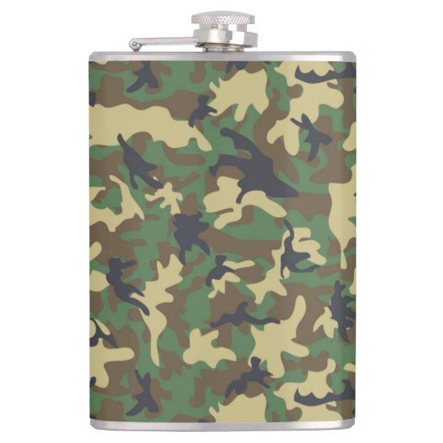 Green Brown Camouflage Vinyl Wrapped Flask 8 oz Flachmann (Vorderseite)