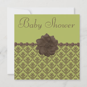 Green & Brown Damask, Blume & Pearls Babydusche Einladung