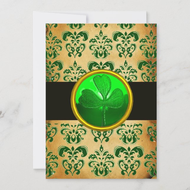 GREEN BROWN DAMASK PARCHMENT MIT KLEEBLATT Black Einladung (Vorderseite)