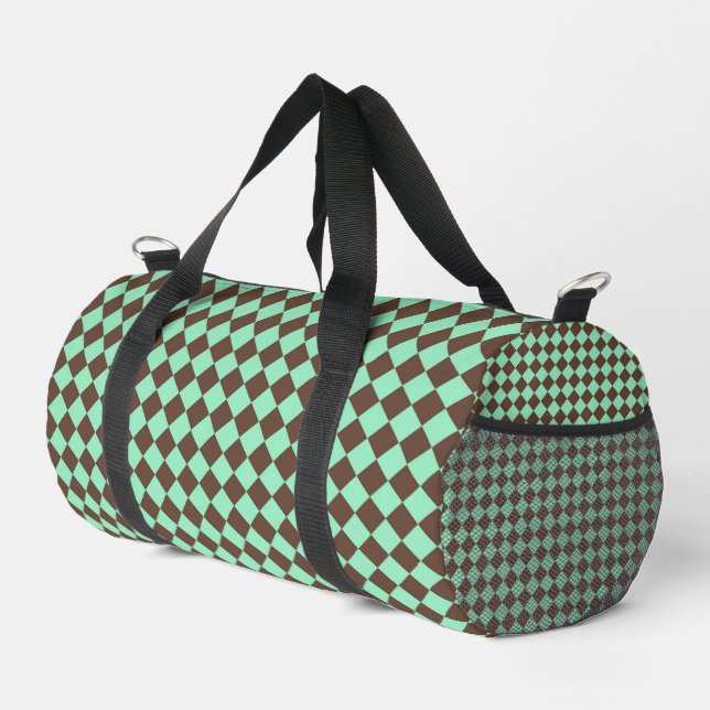 Green Brown Diamond Schachbrett Muster Duffle Bag (Rechte Ecke)