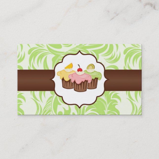 Green & Brown Floral Cup Cake Bake Business Card Visitenkarte (Vorderseite)