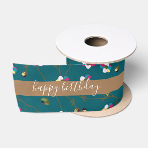 Green Brown Floral Custom Design Happy Birthday Satinband