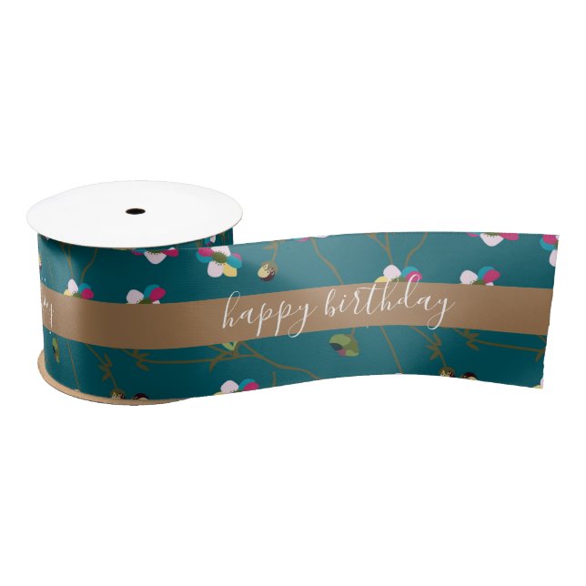 Green Brown Floral Custom Design Happy Birthday Satinband (Spule)