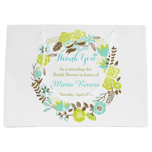 Green & Brown Floral Wreath Bridal Shower Große Geschenktüte (Vorderseite)